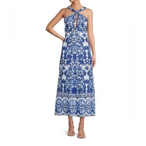 Antonio Melani Bronwyn Blue Tile Print Linen Blend A-Line Halter Maxi Dress NWT